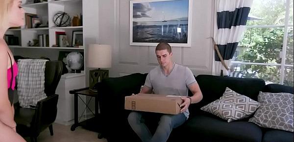  Delivery man rams Katies tight young pussy and get his shaft soaked in her juices